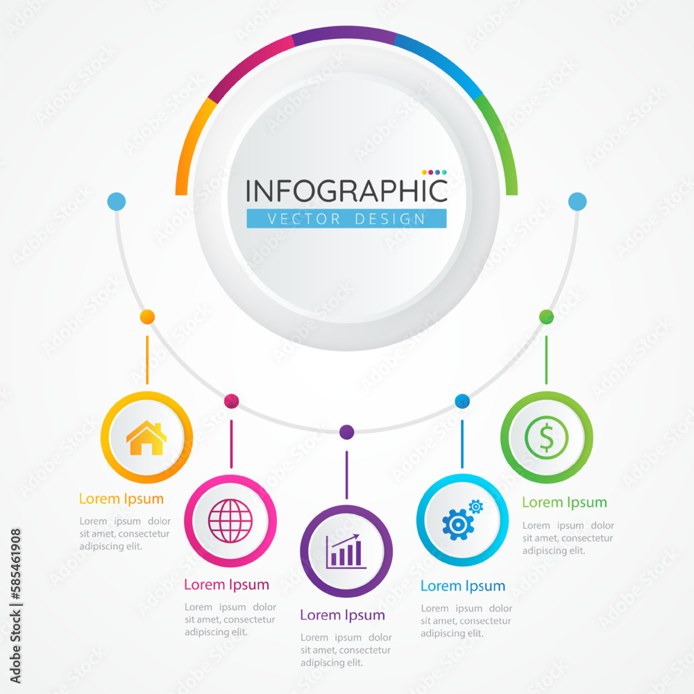 Business data Infographic design template with icons and 5 options or steps. Abstract elements of graph, diagram, parts or processes. Vector template for presentation.