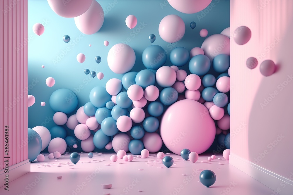 the room is decorated with lots of pink and blue balloons. Gentle, stylish and professional,generative Ai the room is decorated with lots of pink and blue balloons. Gentle, stylish and professional,generative Ai