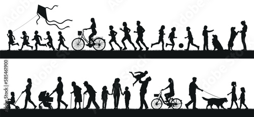 People adult teens and kids outdoor activities vector silhouette set.