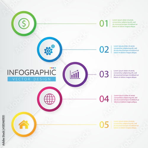 Business circle infographic design template with icons and 5 options or steps for presentation, process, diagram, workflow, chart. Vector infographics template for presentation.