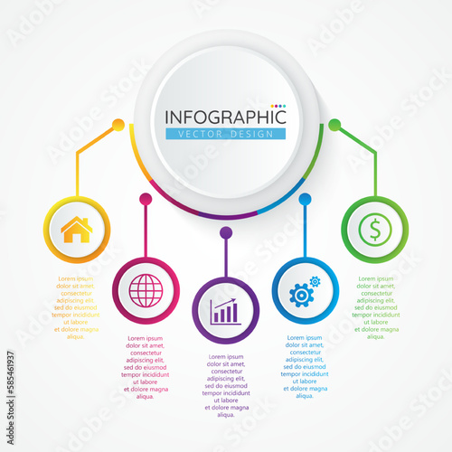Timeline infographic design template with icons and 5 options or steps. Abstract elements of graph, diagram, parts or processes. Vector template for presentation.