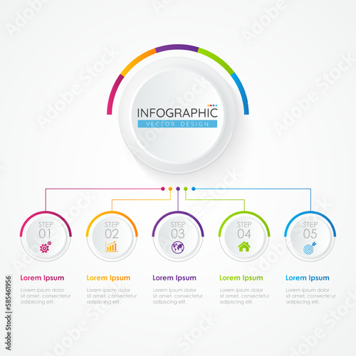 Timeline infographic design template with icons and 5 options or steps. Abstract elements of graph, diagram, parts or processes. Vector template for presentation.