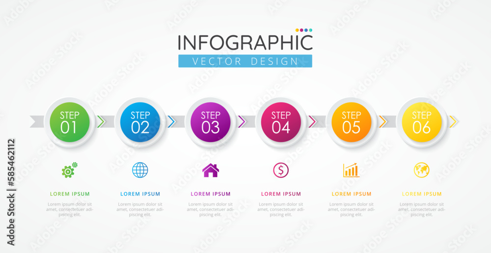 Business timeline infographic design template with icons and 6 options or steps. Abstract elements of graph, diagram, parts or processes. Vector template for presentation.