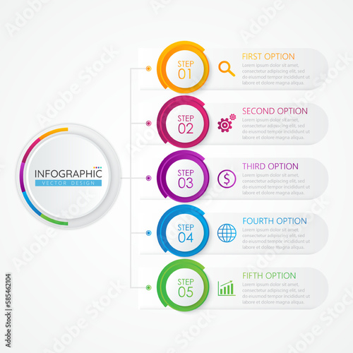 Timeline Infographic design template with icons and 5 options or steps. Abstract elements of graph, diagram, parts or processes. Vector template for presentation.