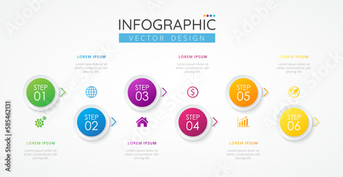Business timeline infographic design template with icons and 6 options or steps. for process diagram, presentations, workflow layout, banner, flow chart, info graph. Vector illustration.