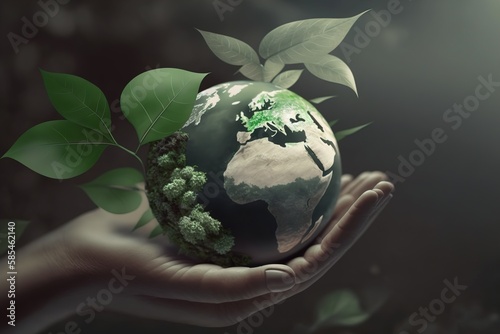 earth day.Glass globe in the form of a planet in hand, environment concept. generative Ai