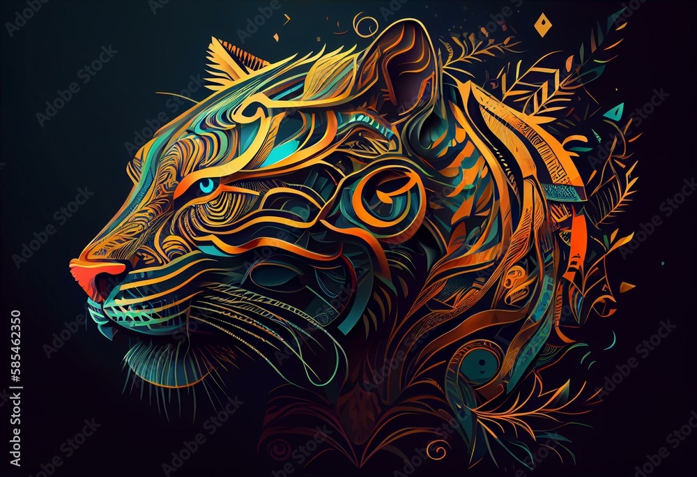 tribal cartoon concept with an abstract colorful geometric ornament tiger illustration great for a logo, wallpaper, or a backdrop for a card or book. Generative AI