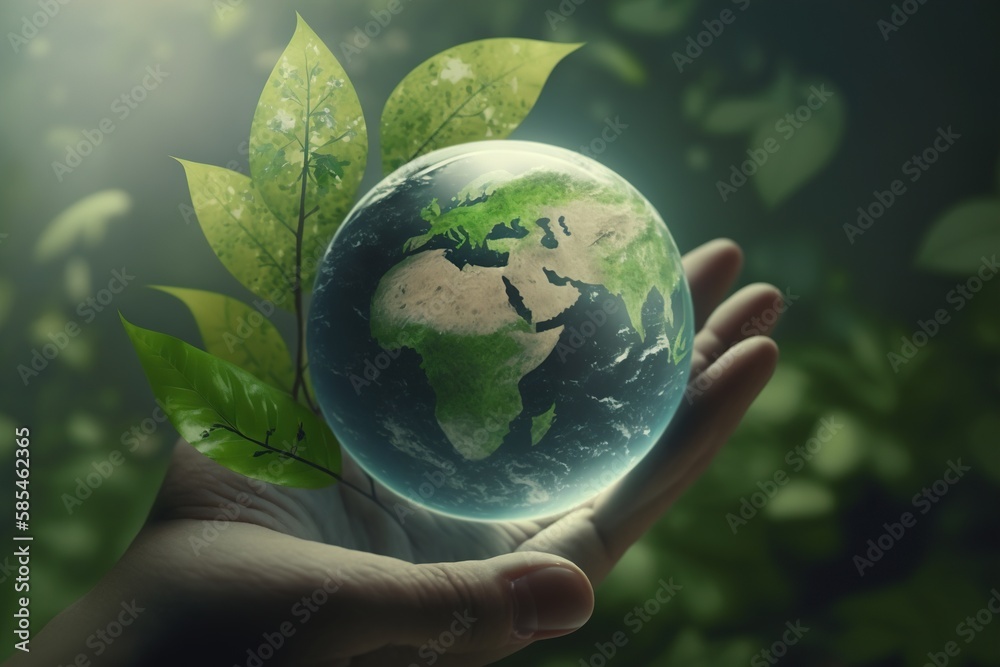 earth day.Glass globe in the form of a planet in hand, environment concept. generative Ai