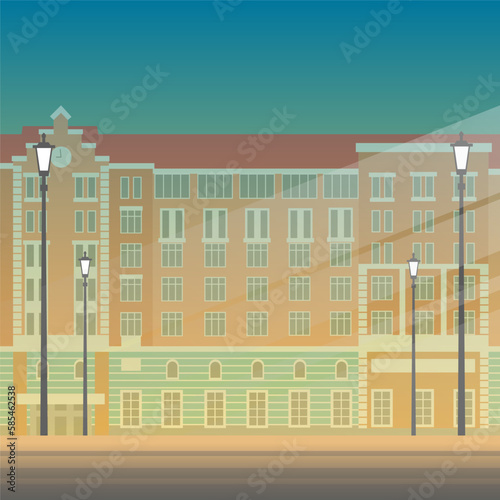 Beautiful city building on a night square with street lighting. Retro style. Classic hotel and theater architecture. Vector illustration