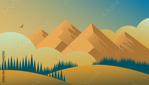 Beautiful wildlife landscape with mountains and forest. Clouds and fog. Beauty of nature and travel. Vector illustration panorama for background