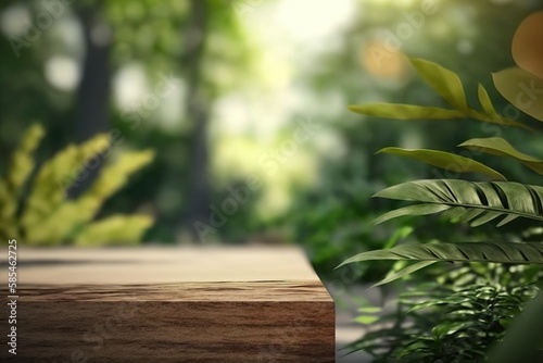 empty wooden tabletop podium in garden open forest  blurred green plants background with space. organic product presents natural placement pedestal display  spring and summer concept. Generative AI