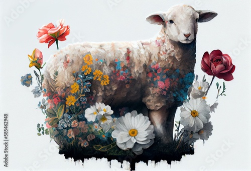 Easter lamb with cross and flowers watercolor, Generative AI