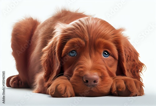 Adorable red Cobberdog pup, laying down with front paws stretched forward. Looking with droopy eyes towards camera. Isolated cutout on transparent background. Cute head tilt. Generative AI photo