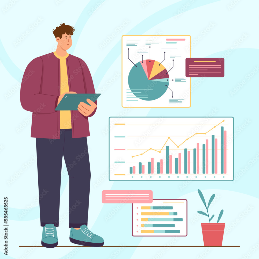 Business analytics, audit and accounting vector illustration. Cartoon man holding tablet to research result of infographic data charts and surveys, global control and financial analysis by businessman Business analytics, audit and accounting vector illustration. Cartoon man holding tablet to research result of infographic data charts and surveys, global control and financial analysis by businessman