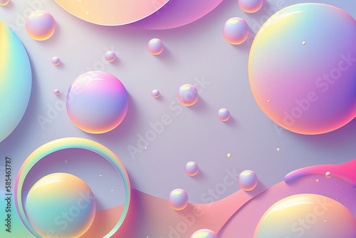 Abstract pastel background with holographic spheres. Holographic bubbles template for banner and poster. Generative AI