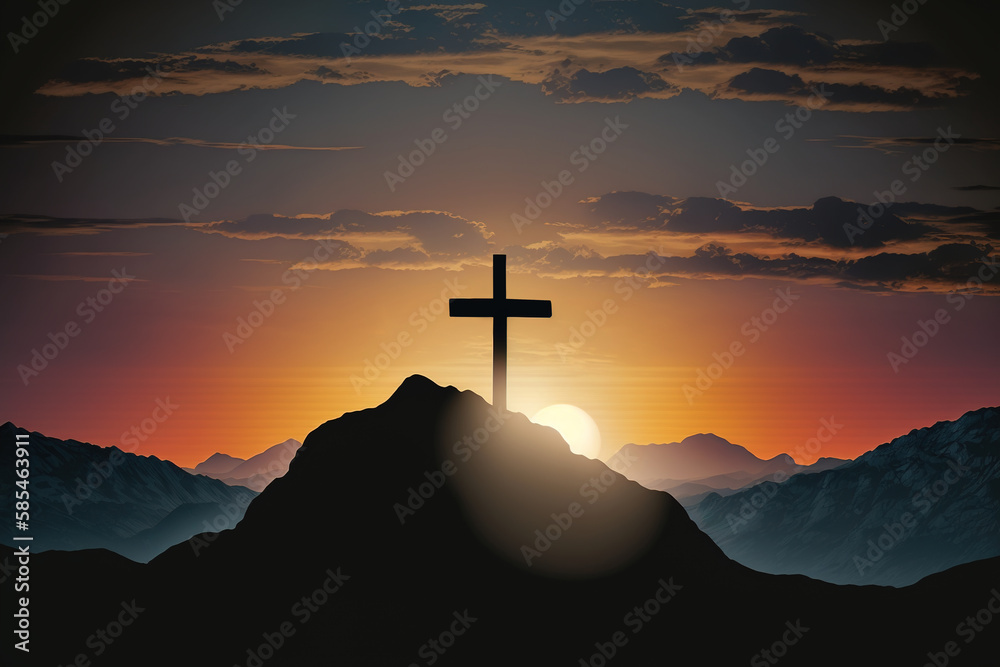 Silhouette of Crucifix Cross on Mountain with Sunset Created with Generative AI Technology Silhouette of Crucifix Cross on Mountain with Sunset Created with Generative AI Technology
