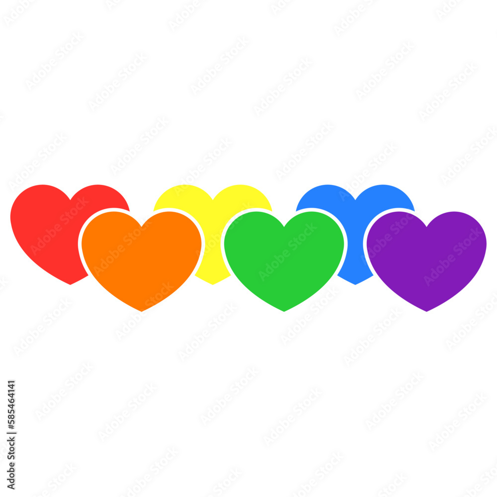Heart shapes in rainbow colors with white outline, stroke, flat style ...