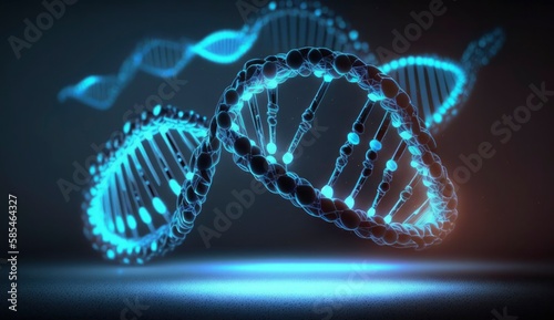 Blue chromosome DNA and gradually glowing flicker light matter chemical when camera moving closeup. Medical and Heredity genetic health concept. Technology science. 3D rendering, Generate Ai