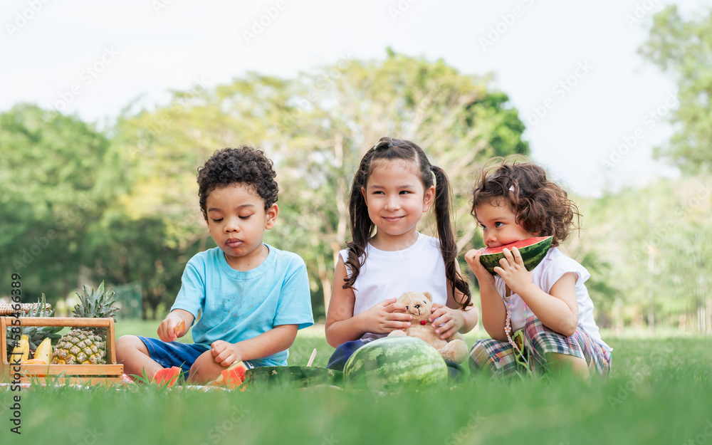 Three mixed race caucasian little cute children kids sitting, playing in outdoor green park for picnic, eating fruit, watermelon and pineapple with freshness. Education, Friendship, Diversity Concept. Three mixed race caucasian little cute children kids sitting, playing in outdoor green park for picnic, eating fruit, watermelon and pineapple with freshness. Education, Friendship, Diversity Concept.