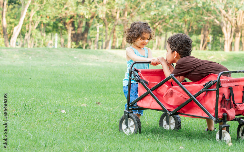 Little caucasian cute adorable boy and girl with curly hair pulling red cart, talking, smiling with happiness and playing together in green field outdoor park. Education and Learning Concept. Little caucasian cute adorable boy and girl with curly hair pulling red cart, talking, smiling with happiness and playing together in green field outdoor park. Education and Learning Concept.