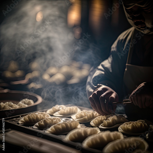 Image of a plate of freshly made gyozas with an expert japanese cook.