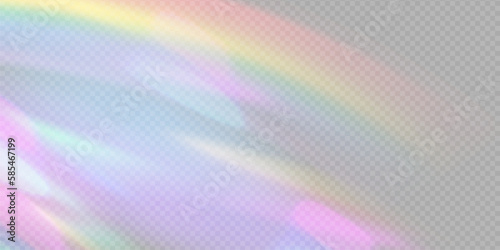 Rainbow light prism effect, transparent background. Hologram reflection, crystal flare leak shadow overlay. Vector illustration of abstract blurred iridescent light backdrop.