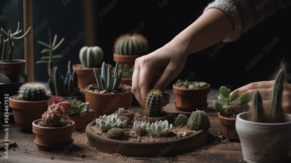 Woman manipulating with her hands several small plants on a wooden table Generative AI