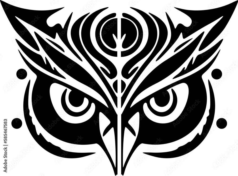 ﻿Tattoo of a black and white owl, adorned with Polynesian designs.