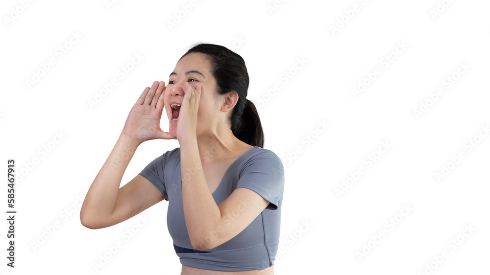 Announce the good news, Asian woman shouting for attention or calling for attention, Hurry up and see, Hot promotion, First come first serve, Limited quantity, Do not miss, Advertisement area.