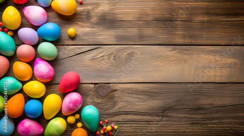 Colorful easter eggs on rustic wooden background with copy space. Generative AI