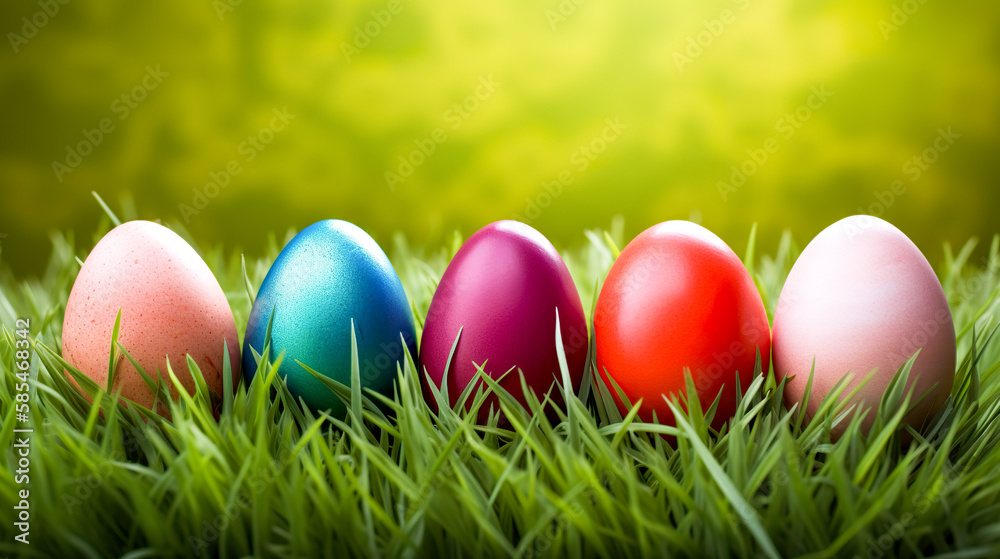 Colorful easter eggs on green grass background with copy space. Generative AI Colorful easter eggs on green grass background with copy space. Generative AI