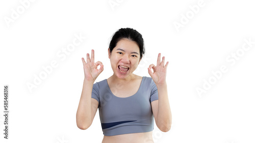 Young asian woman over PNG backgroung doing ok sign with hands  OK symbol  Welcome  Agree  Join  Do as instructed  Follow orders  Acceptance of all conditions  PNG file.