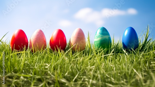 Colorful easter eggs on green grass background with copy space. Generative AI