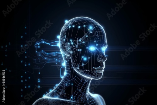 Abstract futuristic background with blue lines. Robotic head concept. Conceptual technology illustration of artificial intelligence. Generative AI, Generative, AI