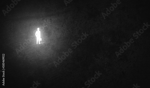 Business man Shining in the dark side in a grungy dirty floor. Business, Surreal Concept 