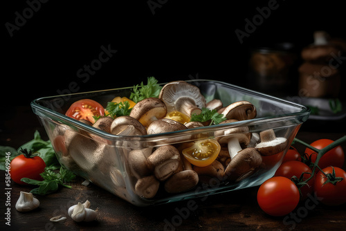  mushrooms in a transparent dish seasoned with fresh salad and tomatoes on the table Generative AI