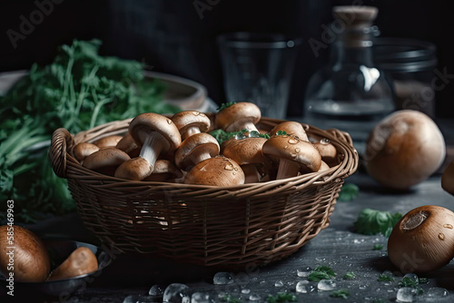 fresh mushrooms in small drops of water in a basket Generative AI