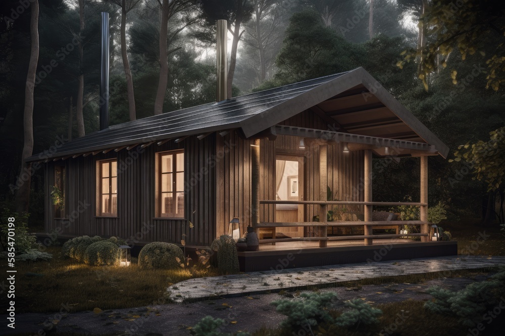 3d rendering of wooden cabin in forest