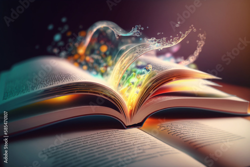 open magic glowing light book with digital, internet and communication technology, by generative AI.