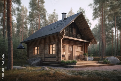 3d rendering of wooden cabin in forest © Tixel