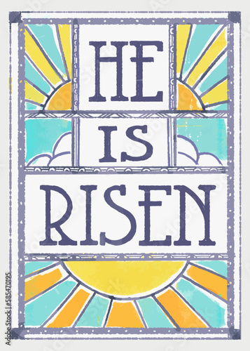 Religious Easter Resurrection greeting card with clouds, sun and Bible verse He Is Risen, in modern vintage 