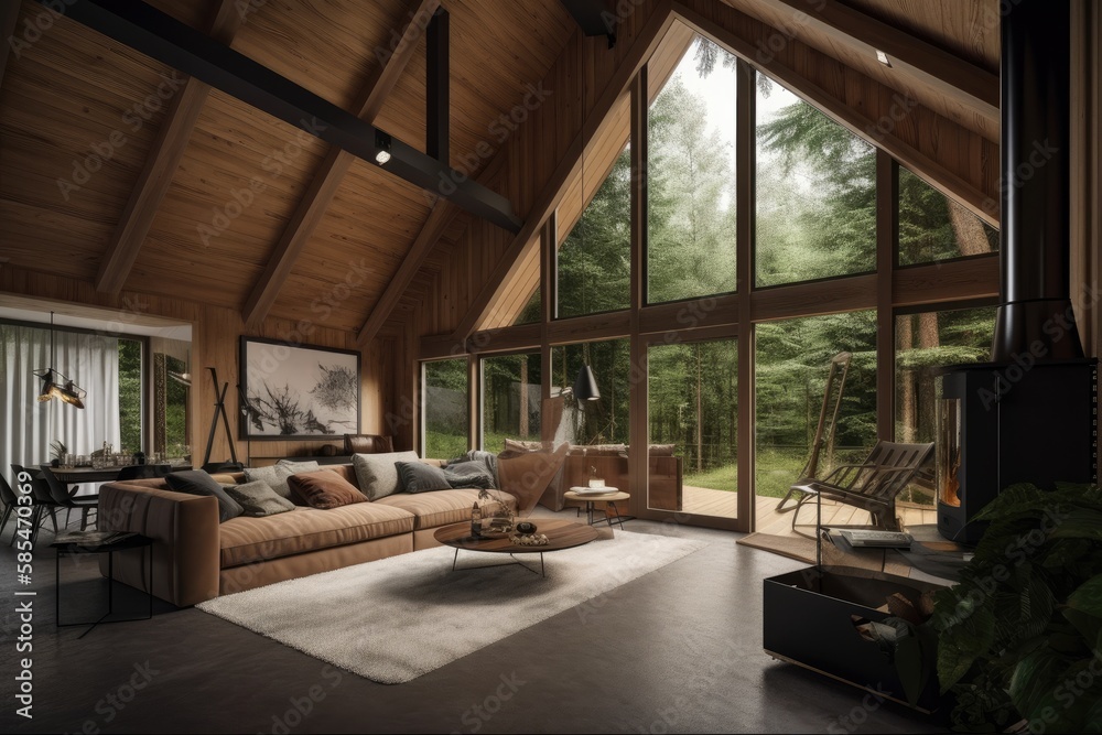 Fototapeta premium Luxury wooden cabin in the forest interior