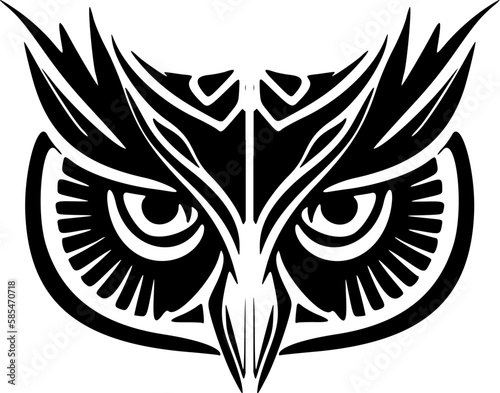 ﻿A black and white owl tattoo with Polynesian designs on its face.