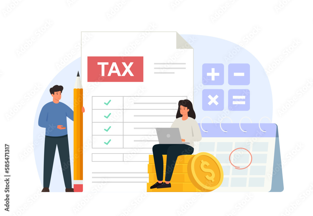 Tax declaration concept. Characters preparing documents for income tax return. Filling financial tax report.