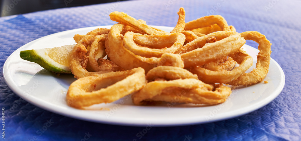 Plate of fried calamari on paper surface Plate of fried calamari on paper surface