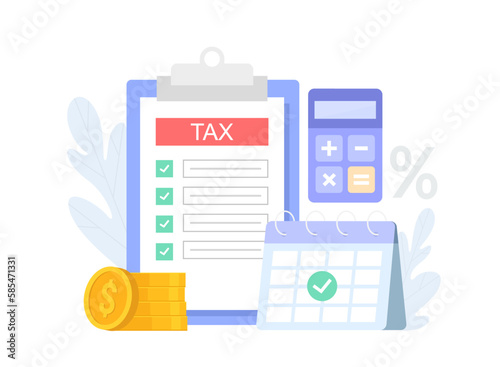 Vector illustration of Tax payment concept. Calculator, calendar, coin stack and tax form isolated on white background.