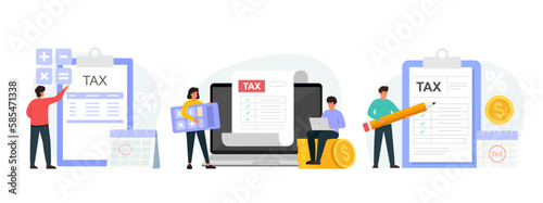 Tax payment concept. Set of illustrations for tax return, calculating and paying invoice. Characters preparing documents for income tax return.