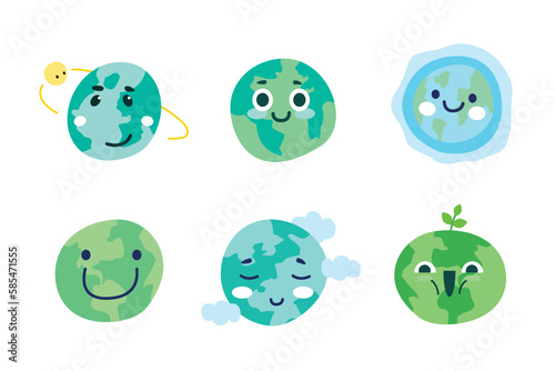 Cute Earth illustration Set. Hand-drawn vector doodle with different funny earth faces.