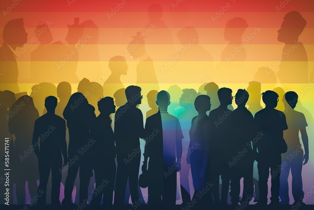 Abstract LGBT community concept. LGBTQ pride month in June with people silhouettes on rainbow flag. AI generative