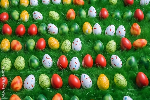 Colourfull easter eggs on green grass - easter pattern